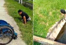 Photo of Un uomo disabile scende dalla sua sedia a rotelle per salvare un gattino che stava rischiando di annegare